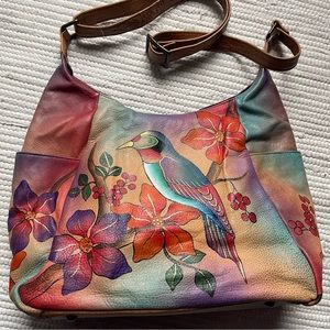 Anna by Anuschka Large Leather Muli-Pocket Hobo Hand Painted Flower Hummingbird